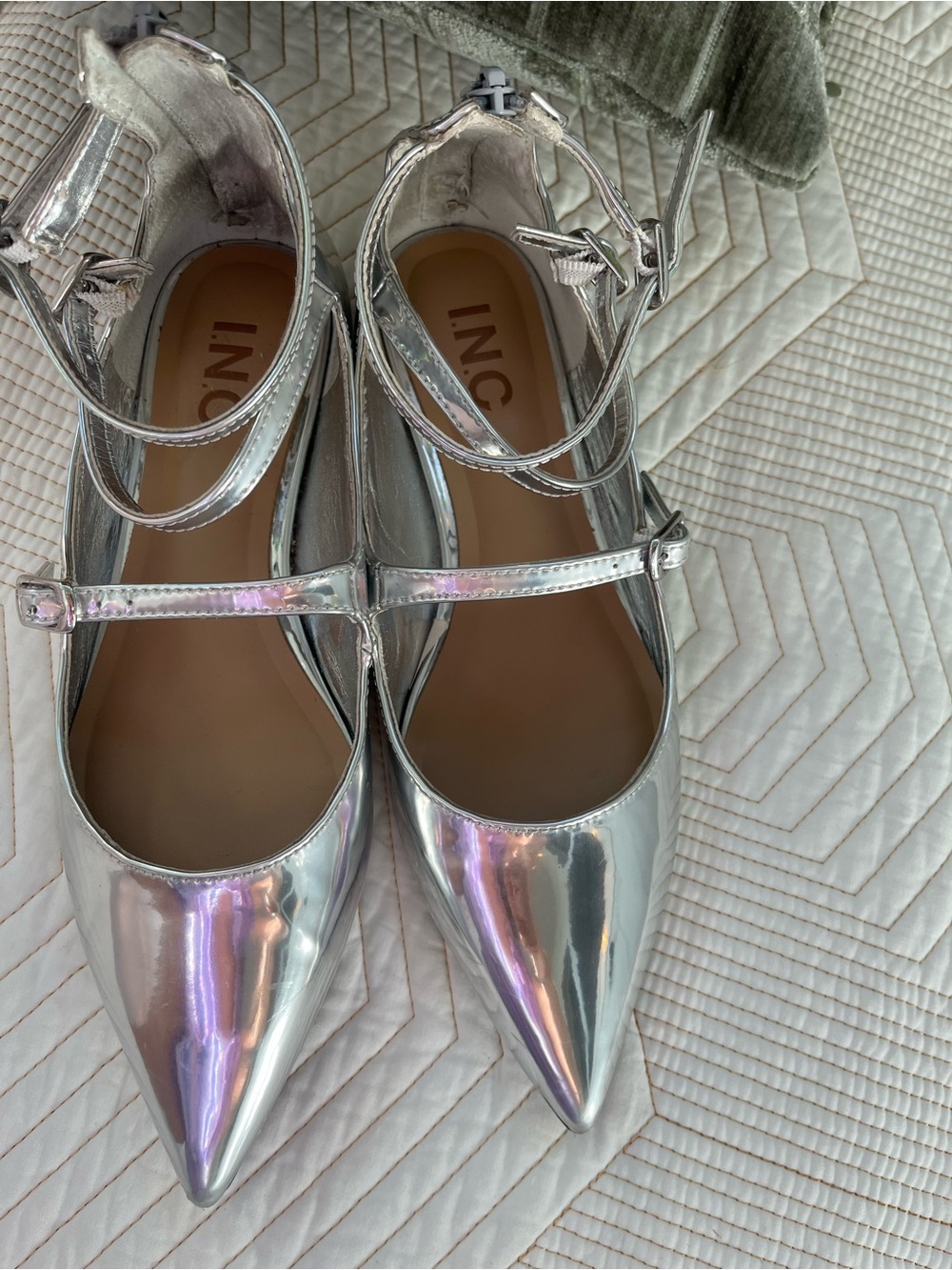 INC International Concepts Silver Pointed-Toe Double Ankle-Strap Flats - Picture 3 of 5
